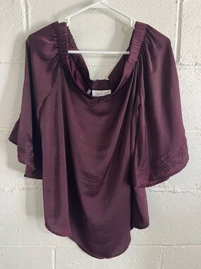 Jennifer Lopez Plum Embroidered Sleeve Off-Shoulder Blouse
